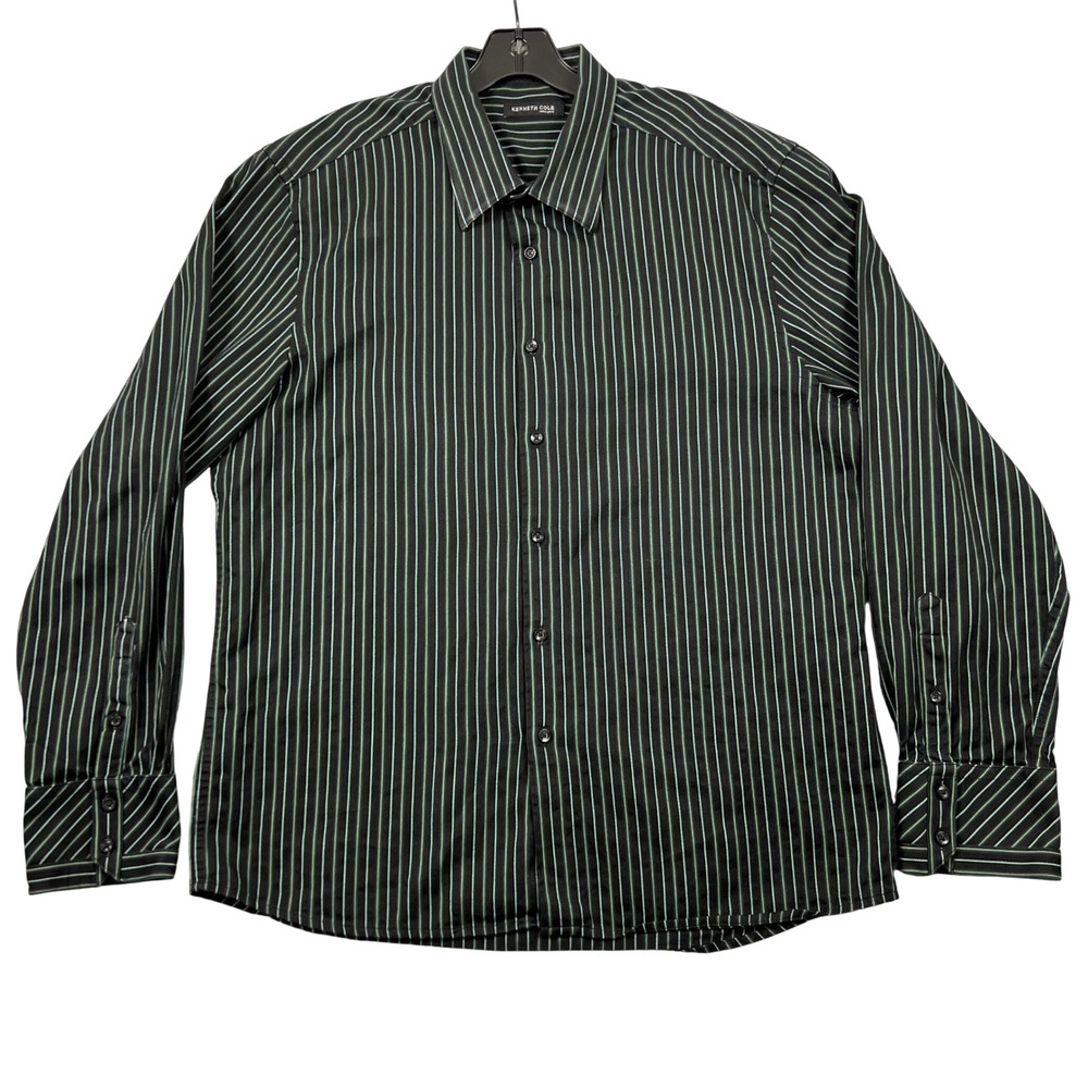 Kenneth Cole Mens XL Black Striped Button Down Shirt Long Sleeve Cotton Business